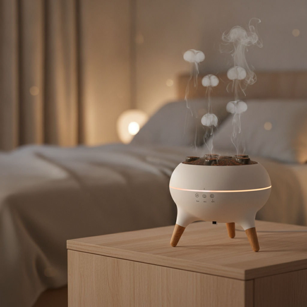Jellyfish diffuser glowing on bedside table in cosy bedroom