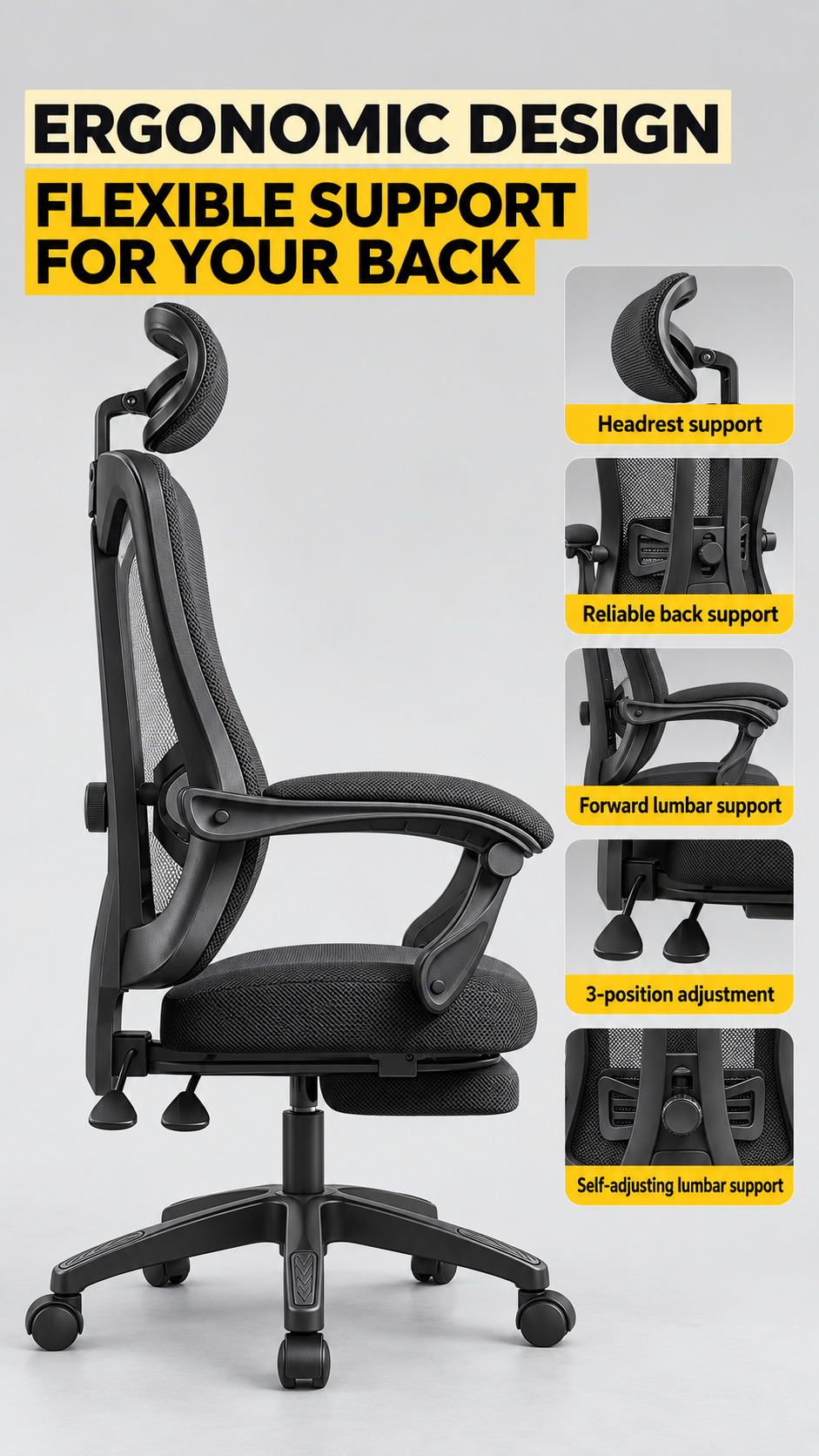 Magic Picks Ergonomic Chair — ergonomic design, flexible support for your back, side profile