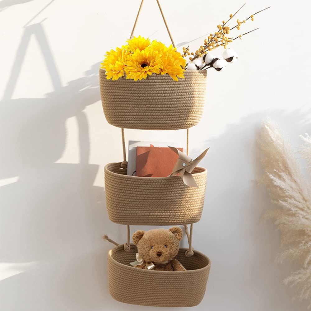 3-Tier Woven Cotton Hanging Storage Basket